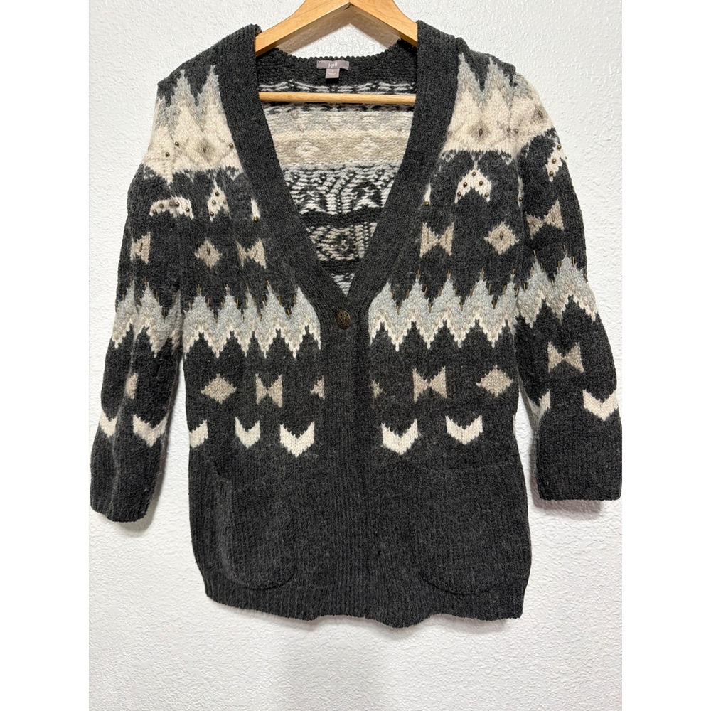 J. Jill Fair Isle Wool Blend Beaded Cardigan Sweater Gray Cream Womens Small